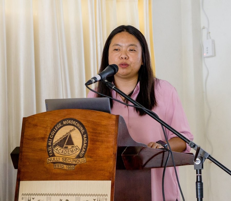 Dr Limasenla Jamir addressing the bi-monthly inter-departmental seminar held at FAC on May 9.